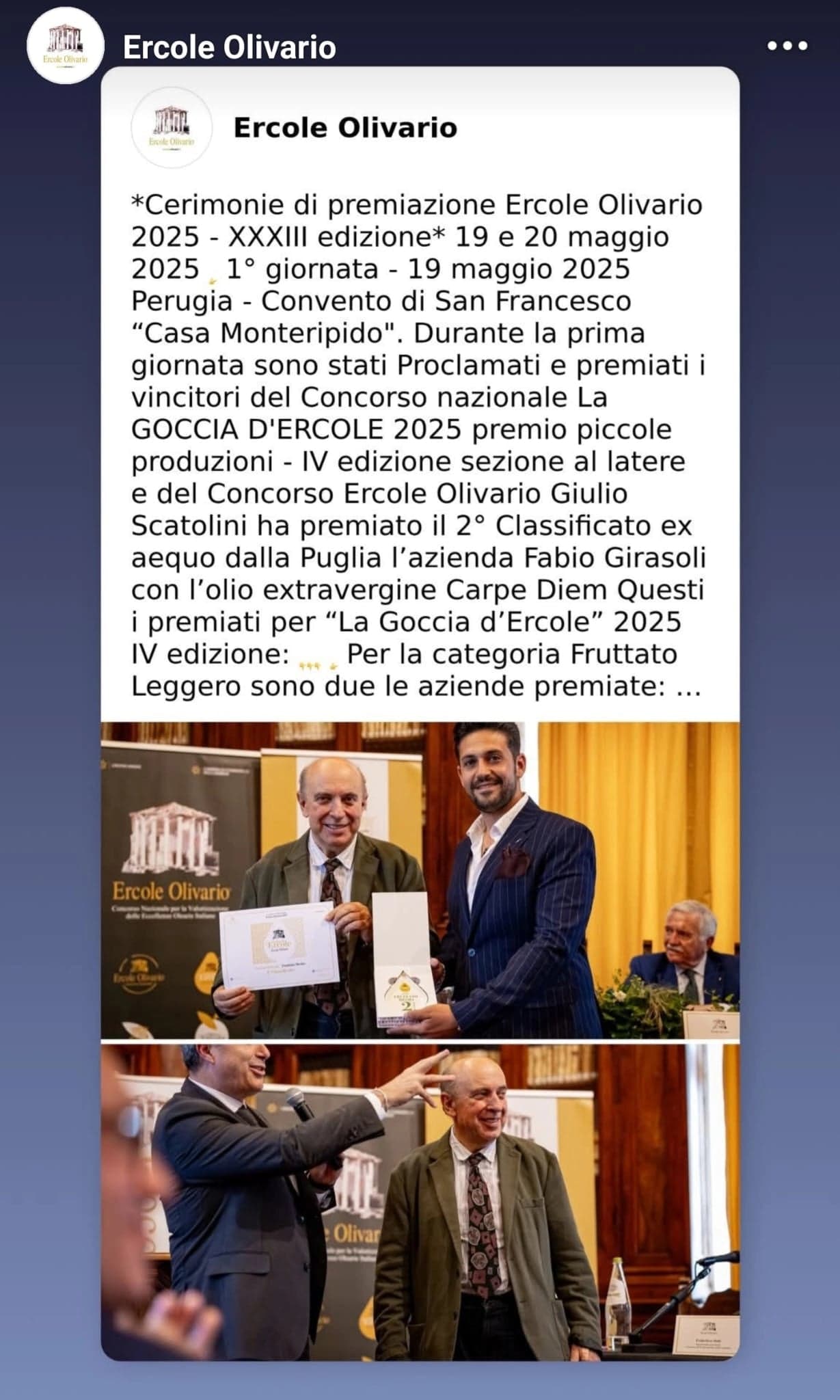 Premiazione Ercole Olivario 2025: 2° classificato ex aequo per l'olio Carpe Diem