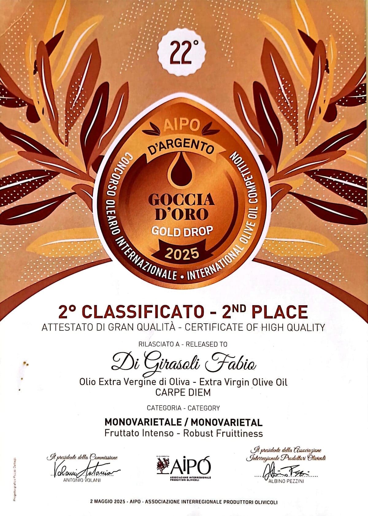 Attestato AIPO Goccia d'Oro 2025, 2° classificato, rilasciato a Fabio Girasoli per Carpe Diem