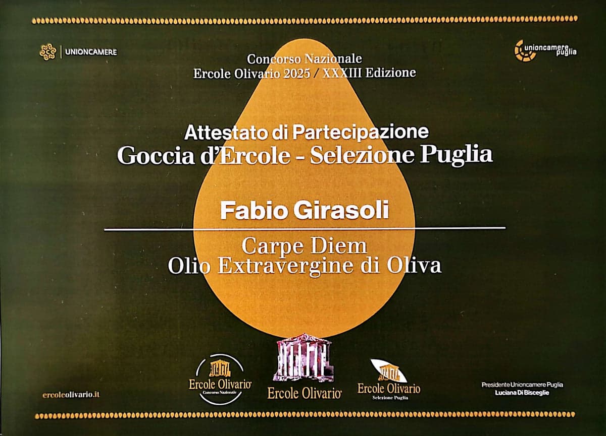 Attestato di partecipazione Goccia d'Ercole, Selezione Puglia, Fabio Girasoli